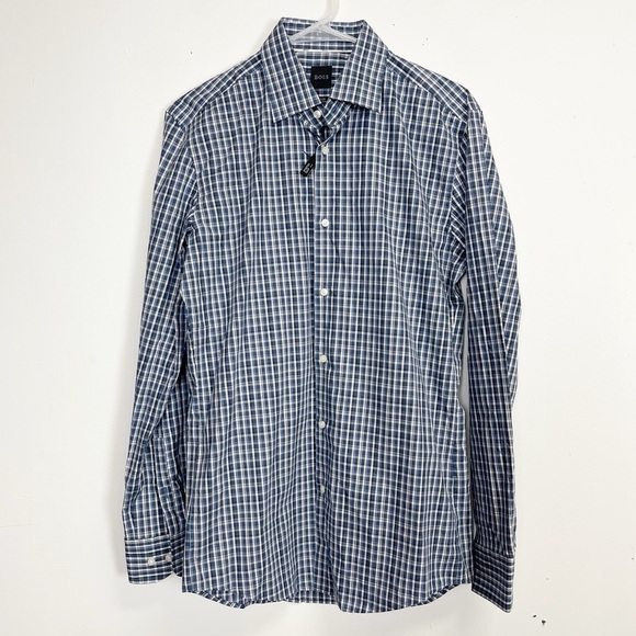 NEW Boss Button Down Shirt Mens 15 Small 38 Blue Plaid Slim Fit NWOT - Picture 1 of 12